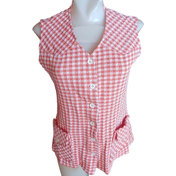 Medium Vintage Granny Western Top Red White Gingham Sleeveless Blouse 1970's - Picture 1 of 7